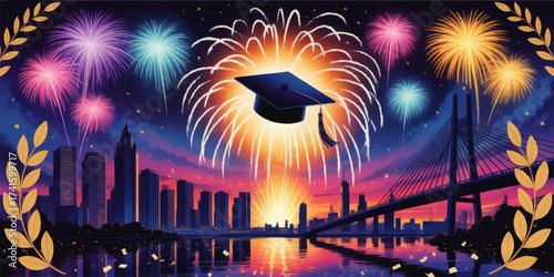 Vibrant Graduation Celebration with Fireworks Over City Skyline, Bridge, and Sunrise, Festive Cap, and Laurel Wreath Illustration