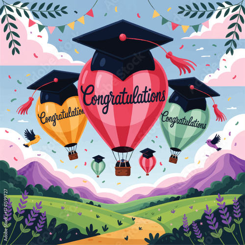 Graduation Congratulations Hot Air Balloons with Caps, Confetti, Birds, and Scenic Landscape - Festive Vector Illustration