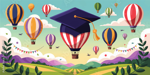 Colorful Hot Air Balloons with Graduation Cap Flying Over Scenic Fields, Celebrating Achievement and Academic Success