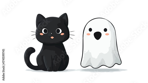 Charming Black Cat Playing with a Fun Ghost Companion