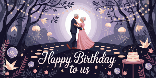 Elegant Senior Couple Dancing Under String Lights in Enchanted Forest, Romantic Birthday Celebration, Cake, Happy Birthday to Us