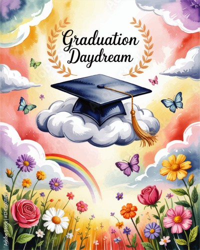 Whimsical Graduation Cap on Cloud With Flowers, Butterflies, and Rainbow, Inspirational Spring Daydream Watercolor Illustration