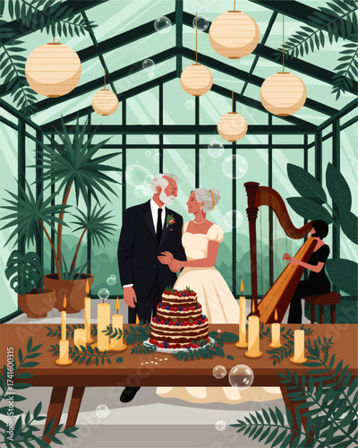 Senior Couple Wedding Celebration in Elegant Greenhouse With Live Harpist, Festive Cake, Candles, and Botanical Decor – Vector Illustration