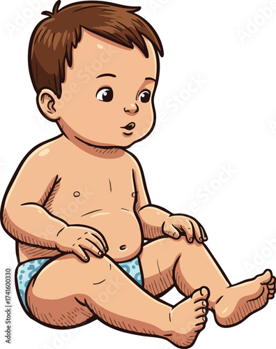 Baby boy sitting in diaper cute cartoon character illustration for childcare and parenting concepts 