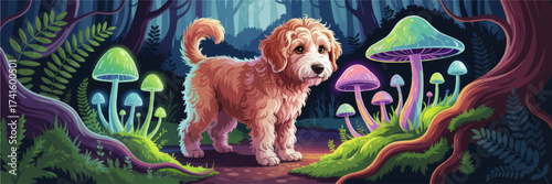 Cute Dog Exploring Enchanted Forest with Glowing Mushrooms, Magical Night Scene, Colorful Fantasy Illustration
