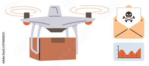 Delivery quadcopter holding a package in flight alongside an open envelope with a warning and a rising statistics chart. Ideal for technology, security, delivery, data, risks, communication