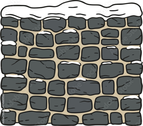Stone Wall with Snow on Top Winter Season Outdoor Natural Building Material Vector Illustration 