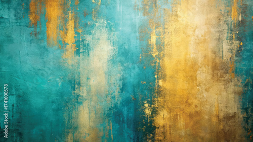 Abstract Blue Turquoise and Gold Textured Grunge Painted Background Design