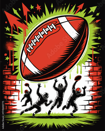 Dynamic American Football Illustration with Players in Action, Grunge Graffiti Effects, Red Brick Wall and Neon Green Accents