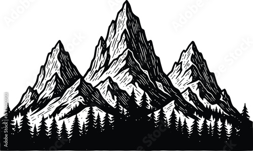Dramatic mountain peaks silhouette with pine forest below