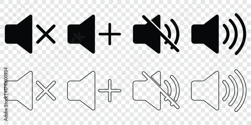 sound on off icons vector in line style . sound volume and mute icon. Volume allow and volume prohibit icon set. Sound and Mute. Volumes icon set. Speaker icon vector illustration. volume sign and 