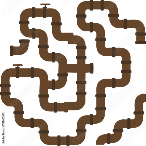 Rusty brown pipeline system with multiple joints and valves vector illustration for industrial plumbing and water supply designs