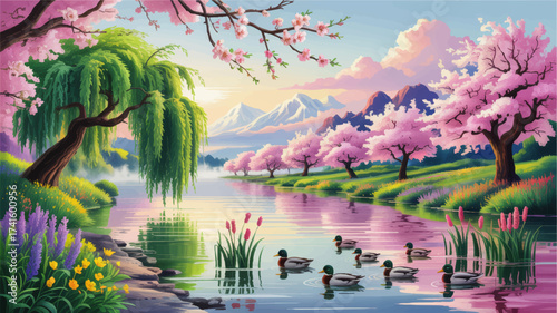 Serene Spring Landscape Illustration with Willow Tree, Cherry Blossoms, Ducks on River, Colorful Flowers, and Snowy Mountains