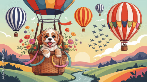 Cute Puppy in Hot Air Balloon Adventure, Colorful Cartoon Landscape with Flowers and Balloons, Whimsical Sunrise Illustration
