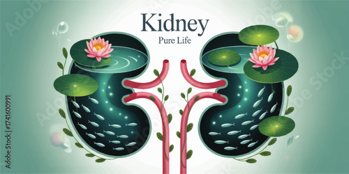 Creative Kidney Health Concept with Water Lilies, Lotus Flowers, and Fish – Nature Inspired Wellness Illustration
