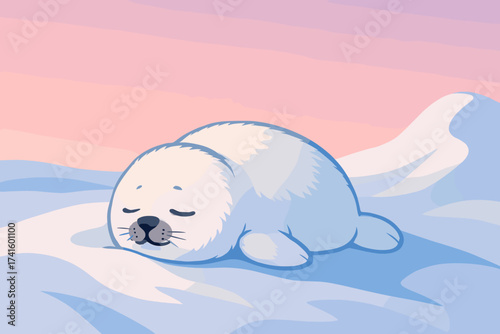 Cute seal resting peacefully on snowy landscape under soft pastel sky at dawn