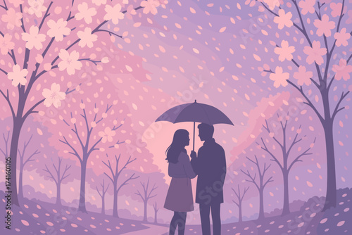 Romantic couple under an umbrella amidst blooming cherry blossoms at sunset