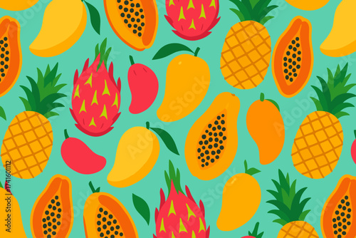 Colorful fruit pattern featuring tropical fruits like mangoes, pineapples, and dragon fruit on a vibrant blue background