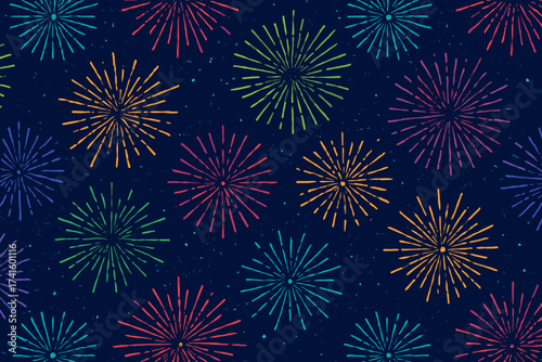 Colorful fireworks burst against a dark night sky during a festive celebration in the city