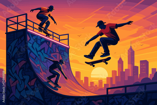 Skateboarders performing tricks at sunset with a city skyline in the background