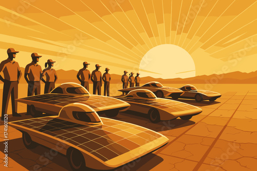 Solar car race teams prepare for competition at sunset in a desert setting