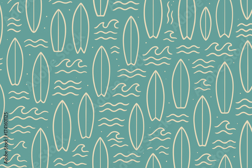 Surfboards and waves pattern design in a vibrant beach-inspired color scheme