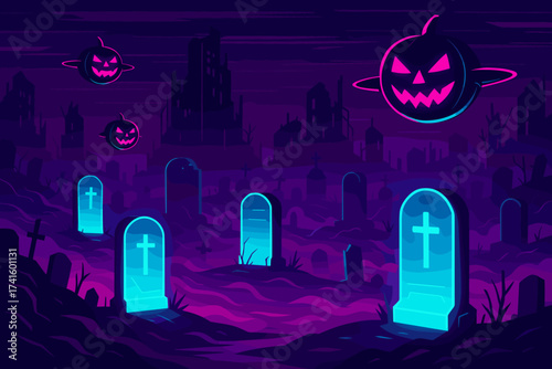 Halloween night in a spooky graveyard with glowing tombstones and floating jack-o'-lanterns