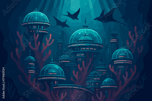 Exploring an underwater city with futuristic domes and marine life swimming around colorful coral reefs