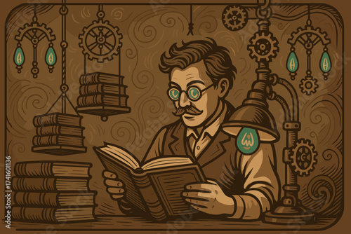 Reader enjoys a book in a vintage library filled with gears and lamps