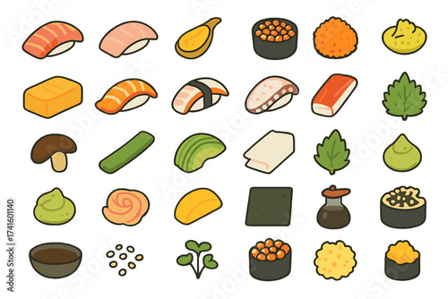 Various types of sushi and ingredients displayed on a flat surface for culinary inspiration in Japanese cuisine
