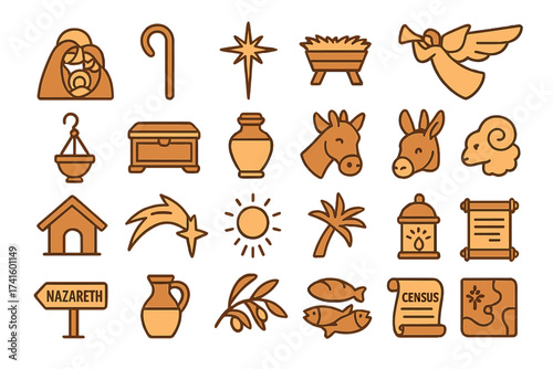 Symbols representing the Nativity scene and elements of Christmas traditions in a simple, illustrative style