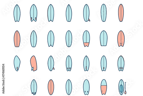 Collection of various surfboard designs featuring different colors and shapes displayed in a grid layout