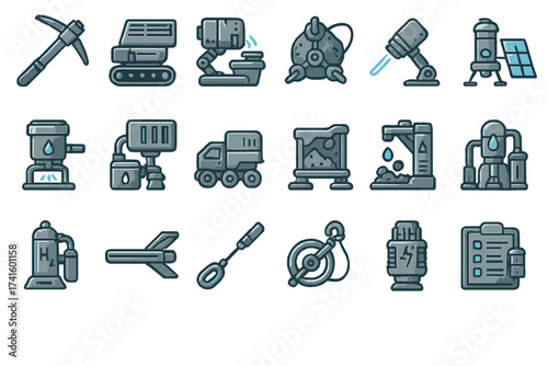 Various industrial tools and machinery icons displayed in a clean, minimalistic style suitable for technology-related projects