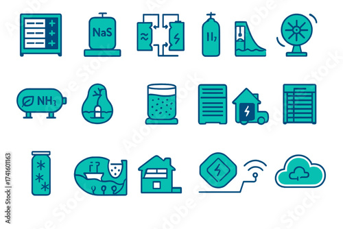 Energy storage systems and their components illustrated in a colorful graphic