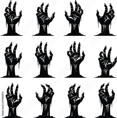 Collection of spooky zombie hands emerging from the ground