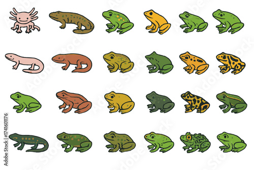 Various amphibians including axolotl, frogs, and salamanders on a white background