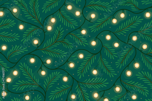Festive green background with glowing lights and pine branches creating a warm and cozy atmosphere