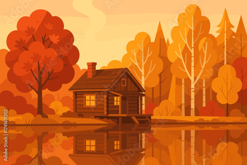 Autumn cabin by the lake surrounded by colorful trees and reflecting on the water