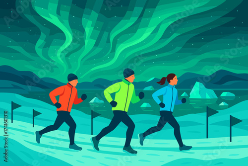 Running under the northern lights in a chilly landscape at night with friends enjoying a warm-up activity