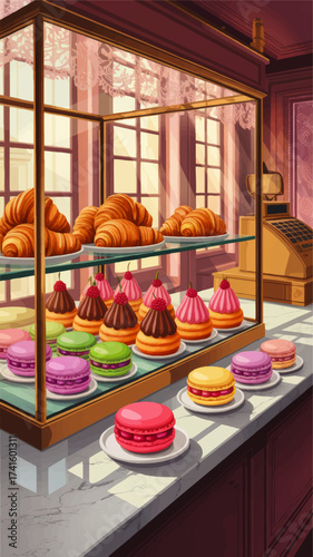 Elegant French Pastry Shop Display with Colorful Macarons, Croissants, and Gourmet Desserts in Sunlit Parisian Bakery Illustration