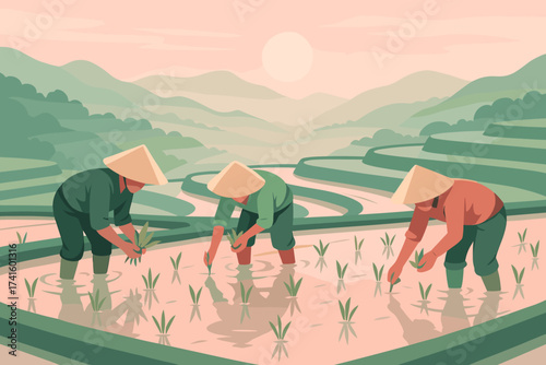 Farmers planting rice in a serene terraced field during sunset in a rural landscape