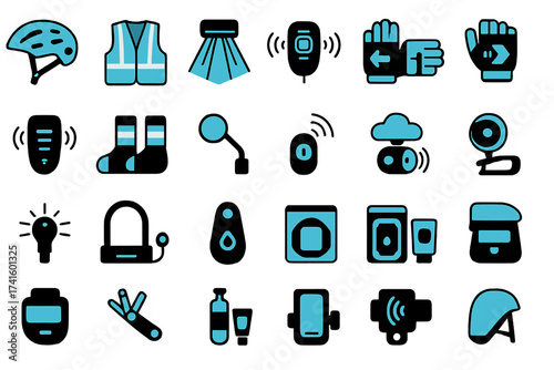 Collection of icons representing various safety and monitoring equipment for outdoor activities and sports