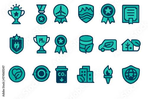 Colorful icons representing achievements and eco-friendly themes in a modern design on a clean background