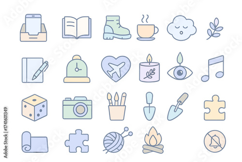 Collection of simple icons representing various activities and elements of daily life in soft colors