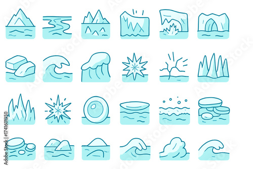 Collection of hand-drawn water, rock, and landscape icons showcasing nature elements in a simple style