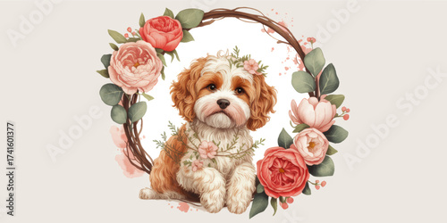 Cute Cavapoo Puppy in Floral Wreath, Watercolor Illustration, Spring Dog Art, Pastel Flowers, Adorable Pet Portrait Decor