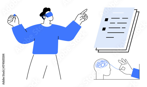 Person wearing AR glasses pointing at a document, brain visualization connected to hands emphasizing cognitive processes. Ideal for innovation, technology, creativity, education, neuroscience