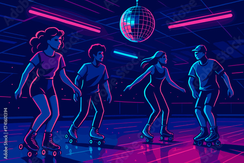 Exciting roller skating night at the disco with vibrant lights and energetic atmosphere