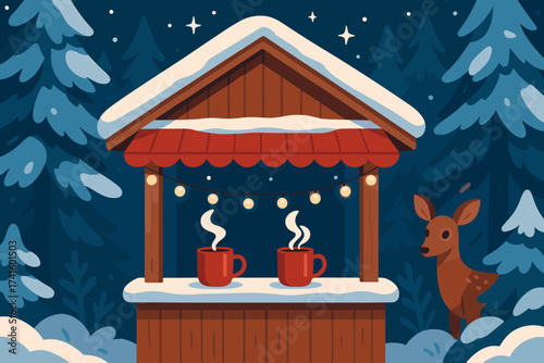 Cozy outdoor hot chocolate stand in a snowy forest at night with twinkling lights and a deer nearby