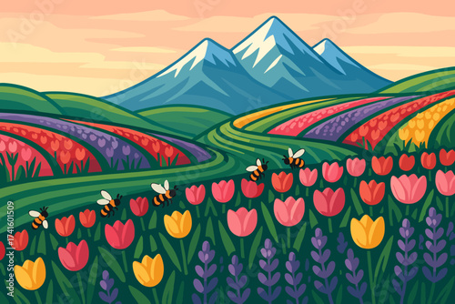 Colorful tulip fields with mountains and bees under a sunset sky